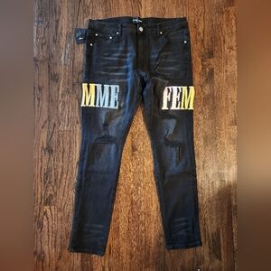 Homme + Femme NWT Men’s Letterman Slim Fit Stretch Distressed Black Denim sz 38